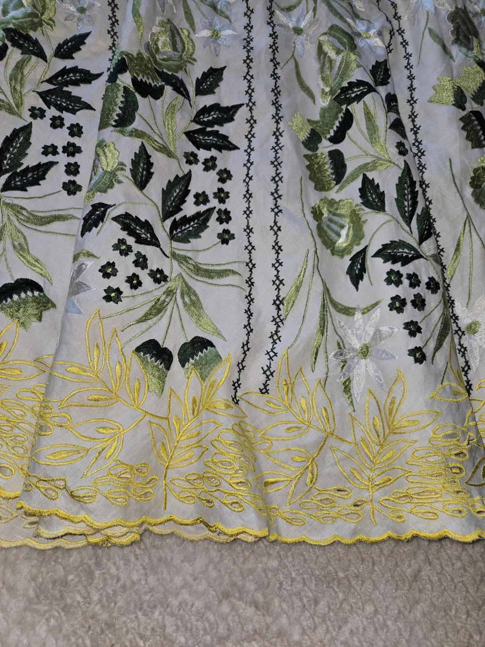 Sue Wong 100% Linen Embroidered Floral Dress Size 8 White Green Yellow